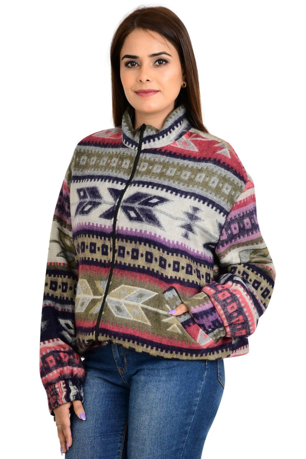Yak Wool Blend Zip Jacket in diamond with pockets