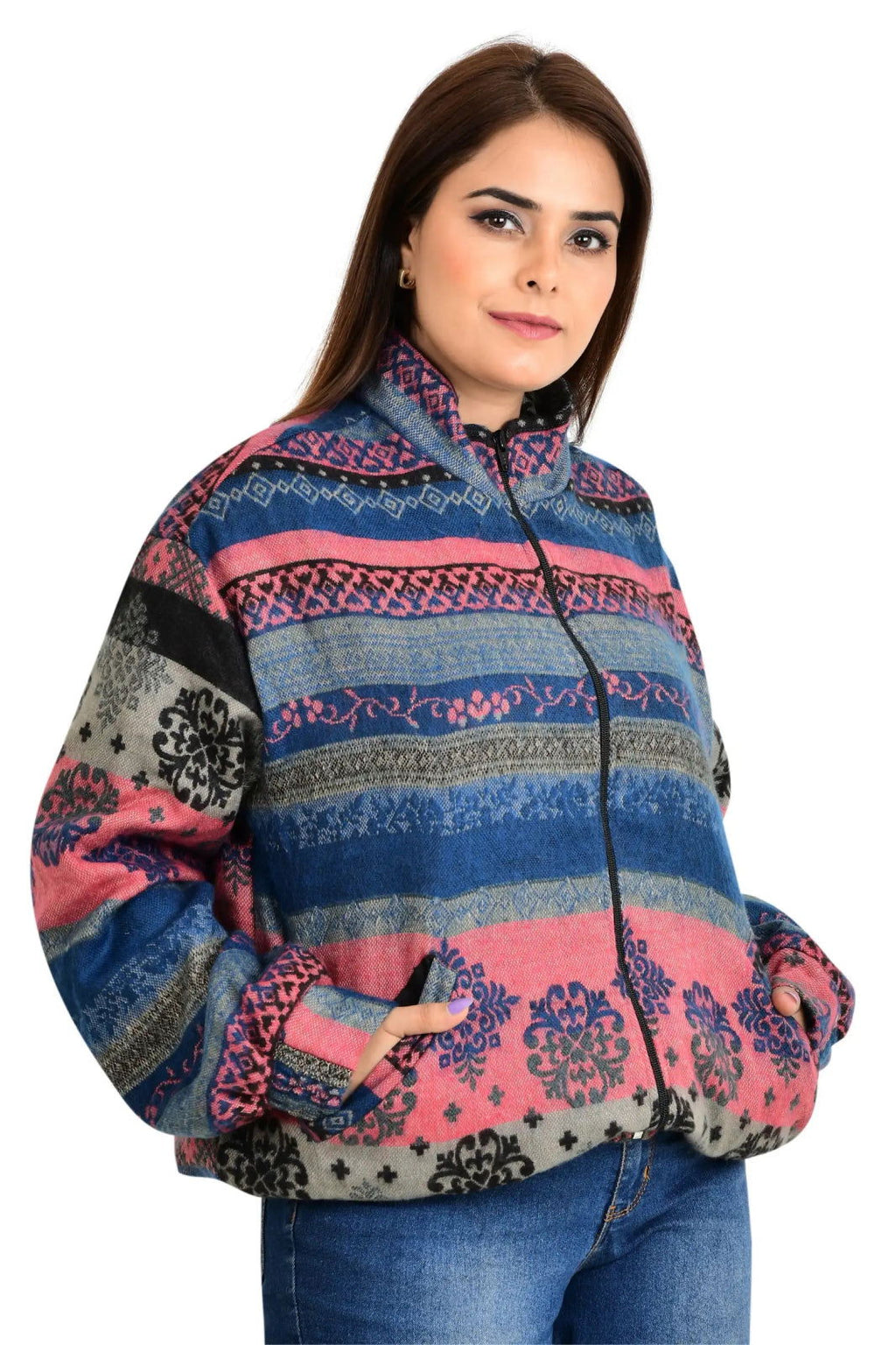 Yak Wool Blend Zip Jacket in diamond with pockets