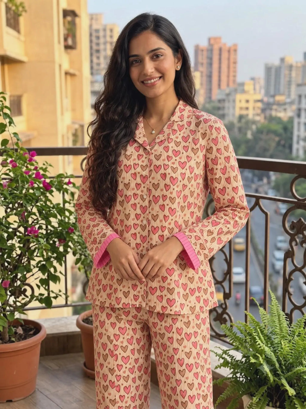 Women’s Cotton Pyjama Set, Pink Heart Print, Striped PJs, Handblock Loungewear, Holiday Sleepwear with Pockets and Travel Pouch Gift for Her