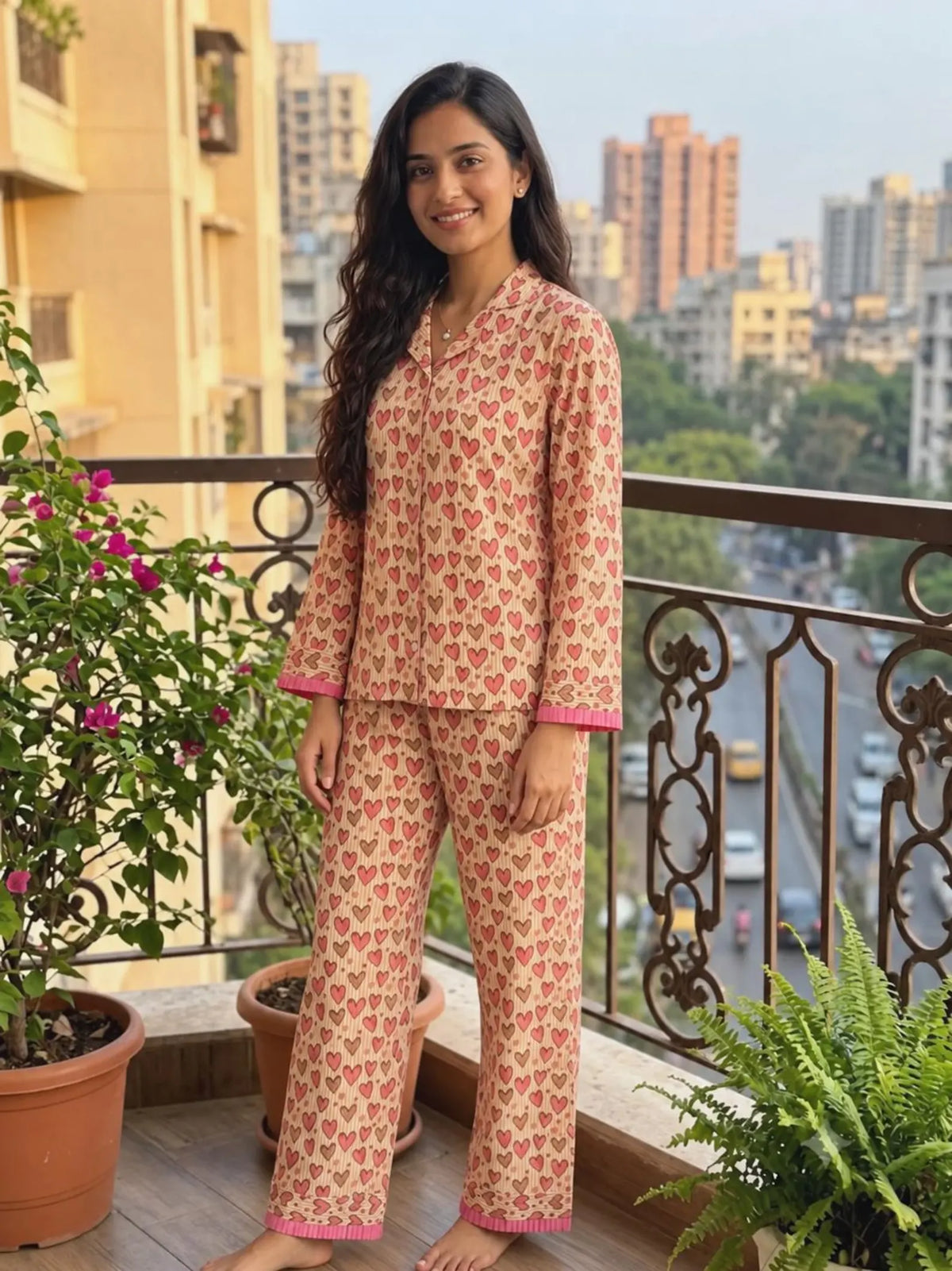 Women’s Cotton Pyjama Set, Pink Heart Print, Striped PJs, Handblock Loungewear, Holiday Sleepwear with Pockets and Travel Pouch Gift for Her