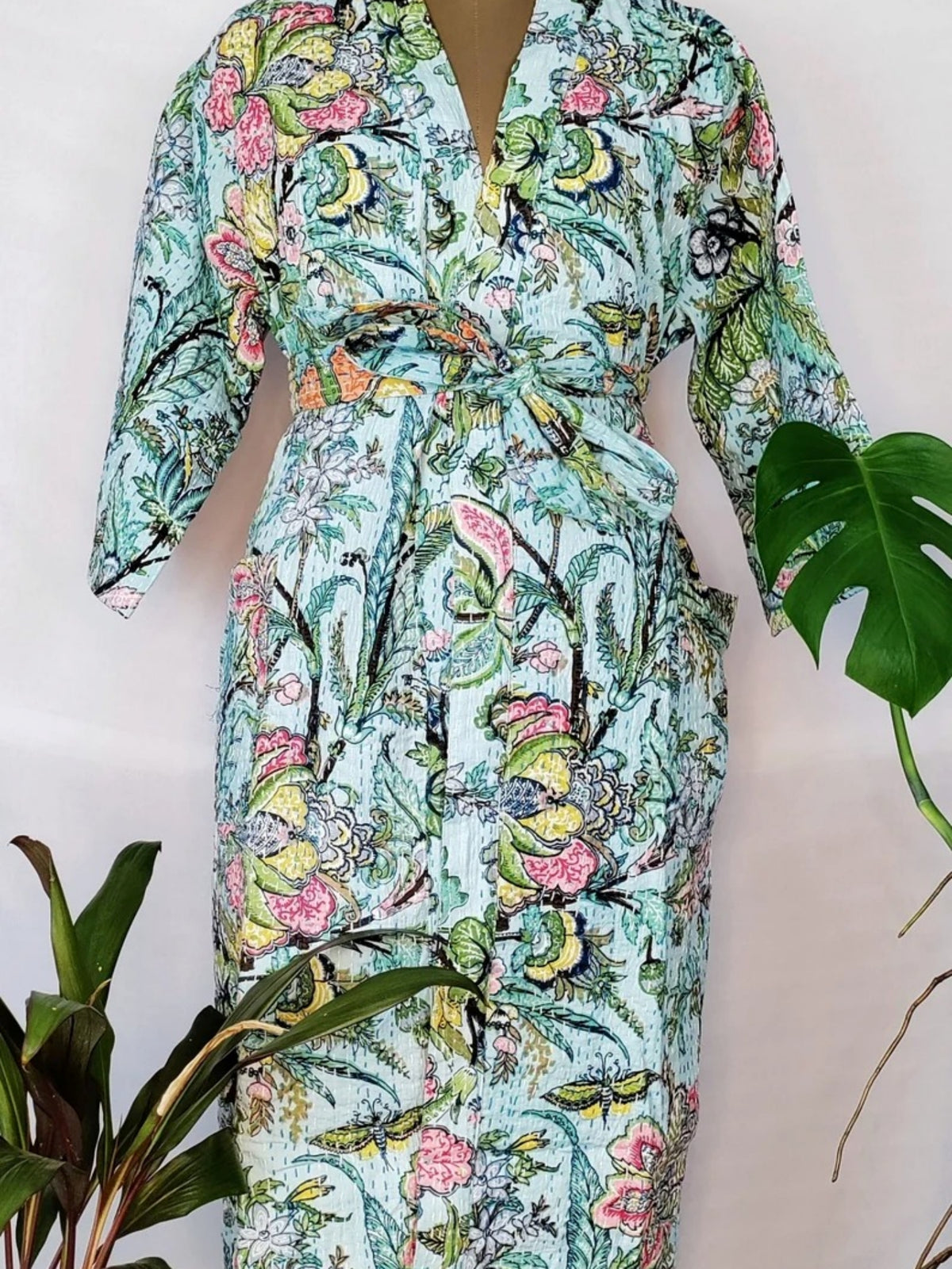 Kantha Stitch 100% Cotton Reversible Long Kimono Women Jacket | Handmade Men Robe | Unisex Gift | Beautiful Blue Turquoise Floral Gardenia
