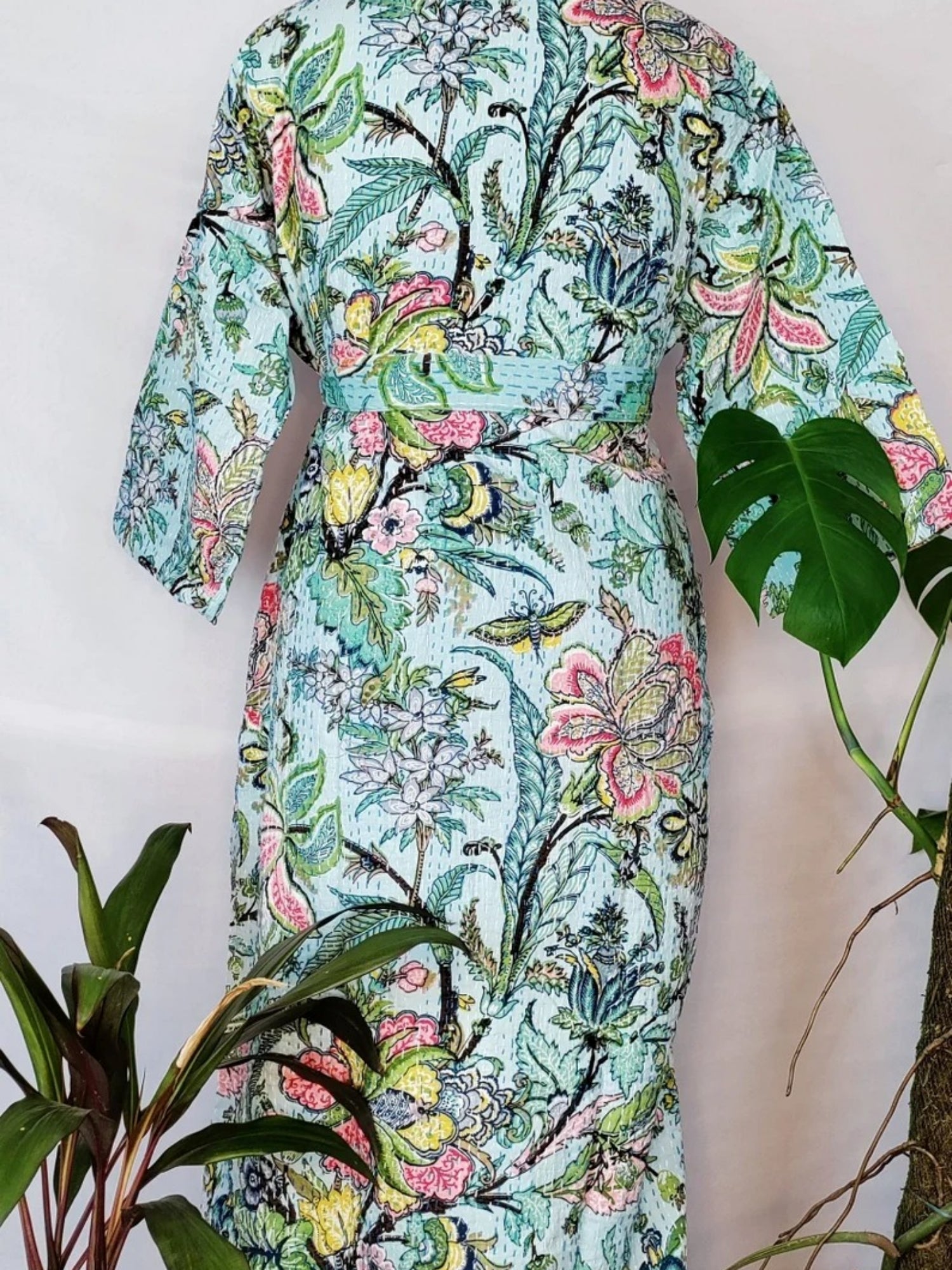 Kantha Stitch 100% Cotton Reversible Long Kimono Women Jacket | Handmade Men Robe | Unisex Gift | Beautiful Blue Turquoise Floral Gardenia