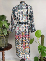 Recycled Pure Cotton Vintage Kimono Open Jacket Boho Summer TieDye House Robe, Beach Coverup | Grey Purple Elephant Style Print