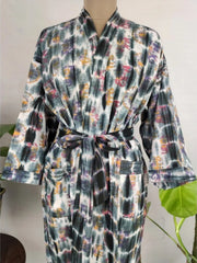 Recycled Pure Cotton Vintage Kimono Open Jacket Boho Summer TieDye House Robe, Beach Coverup | Grey Purple Elephant Style Print