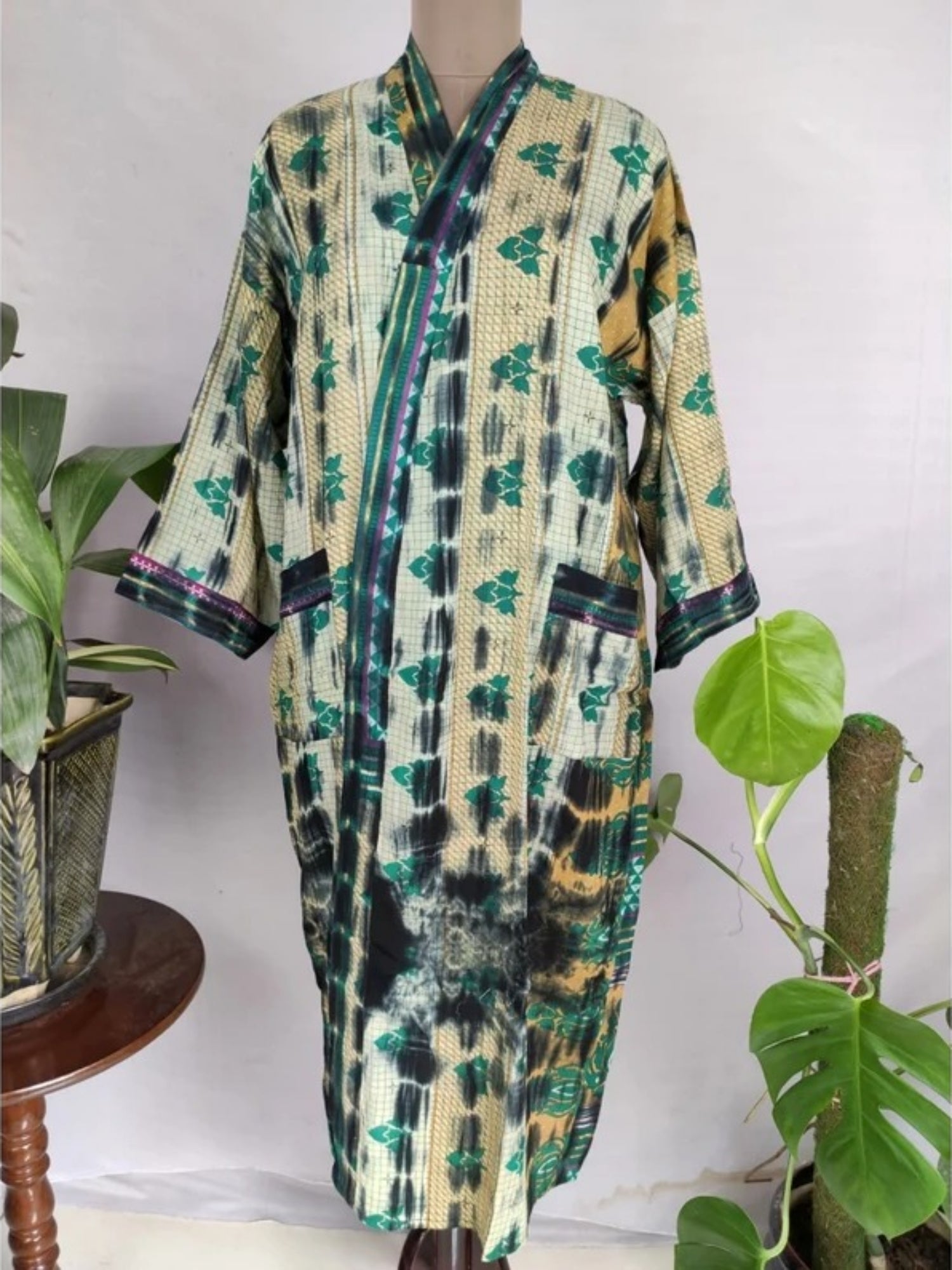 Recycled Pure Cotton Vintage Kimono Open Jacket Boho Summer TieDye House Robe, Beach Coverup | Beige Green Floral Motif Style Print