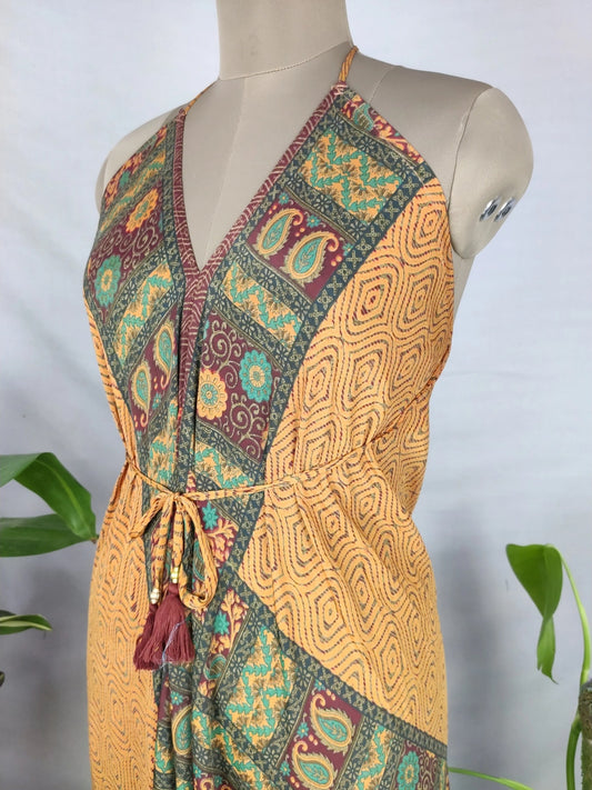 Boho Recycle Silk Magic Summer Maxi Halter Dress | Orange Hues Green Paisley