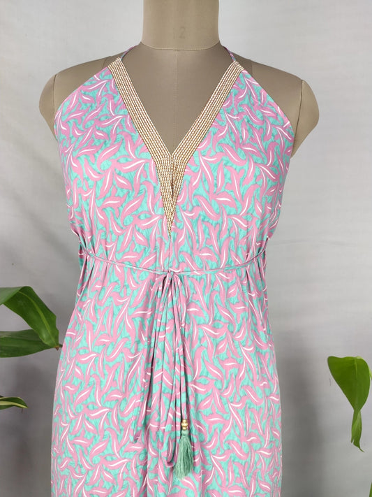 Boho Recycle Silk Magic Summer Maxi Halter Dress | Pink Turquoise Hue Garden