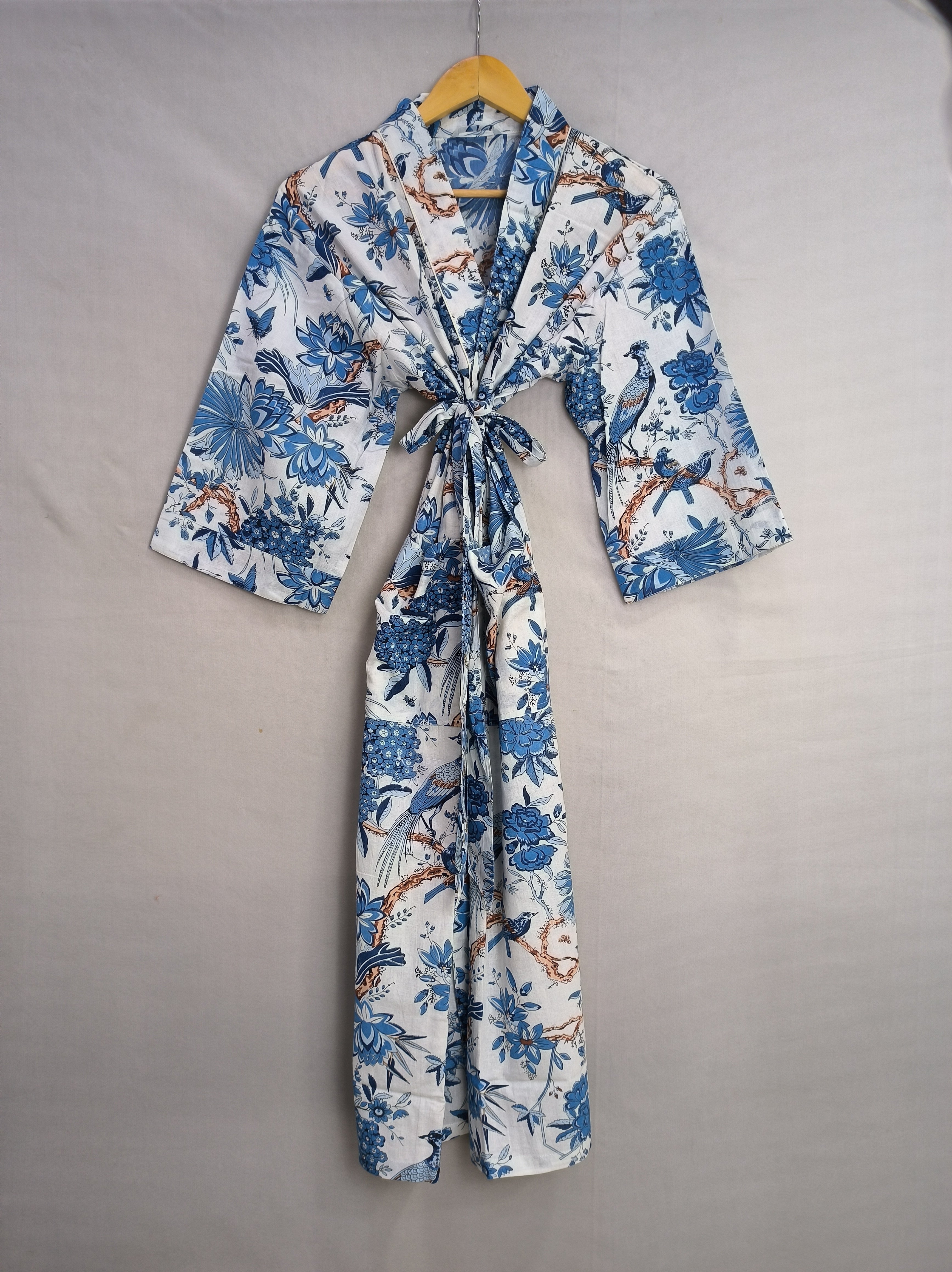 Pure Cotton Kimono Indian Handprinted Boho House Robe Summer Dress, Blue White Floral Beach Coverup Maternity Mom Bridal