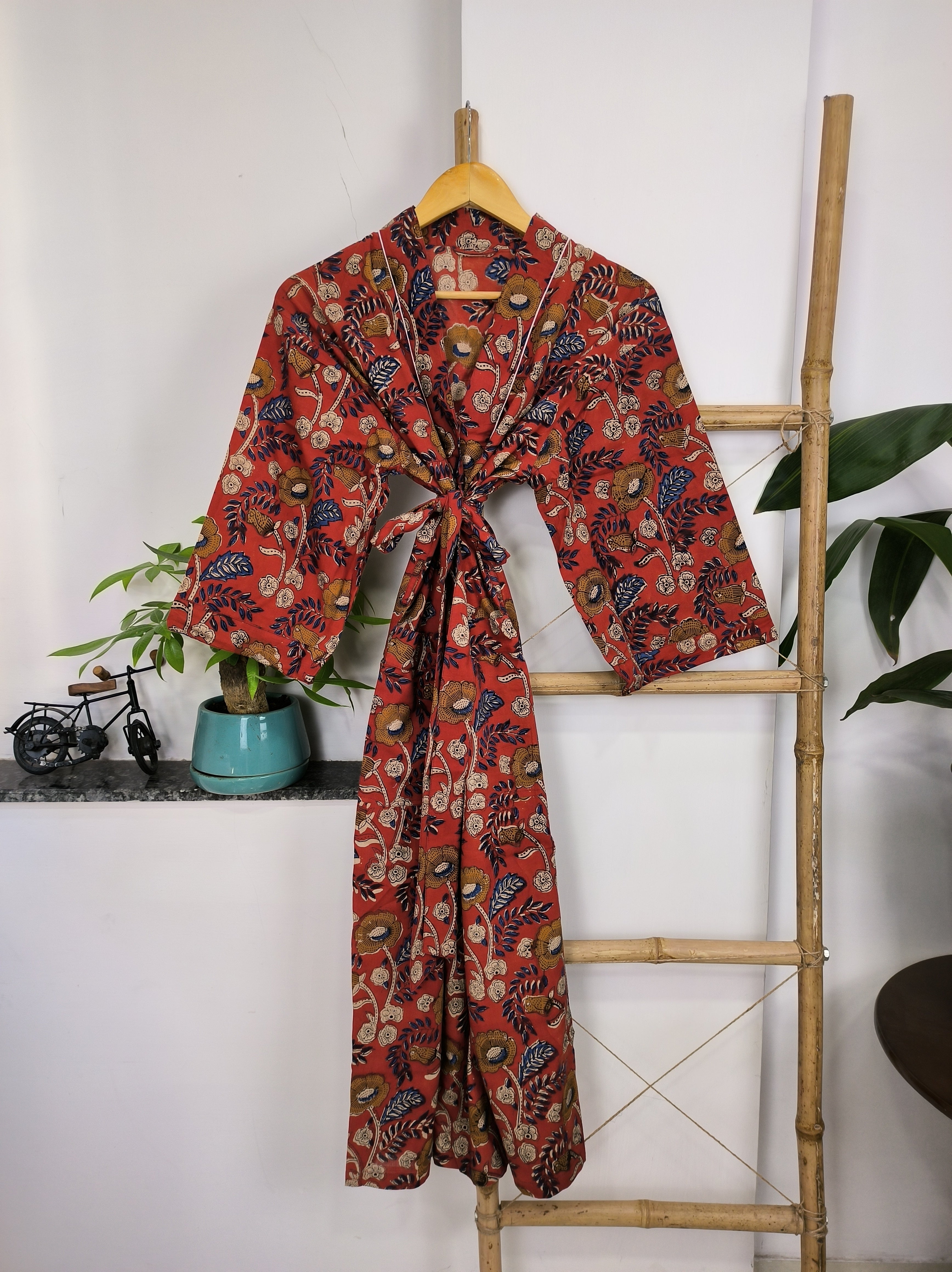 Pure Cotton Kimono Indian Handprinted Boho House Robe Summer Dress, Maroon Yellow Floral Beach Coverup Maternity Mom Bridal