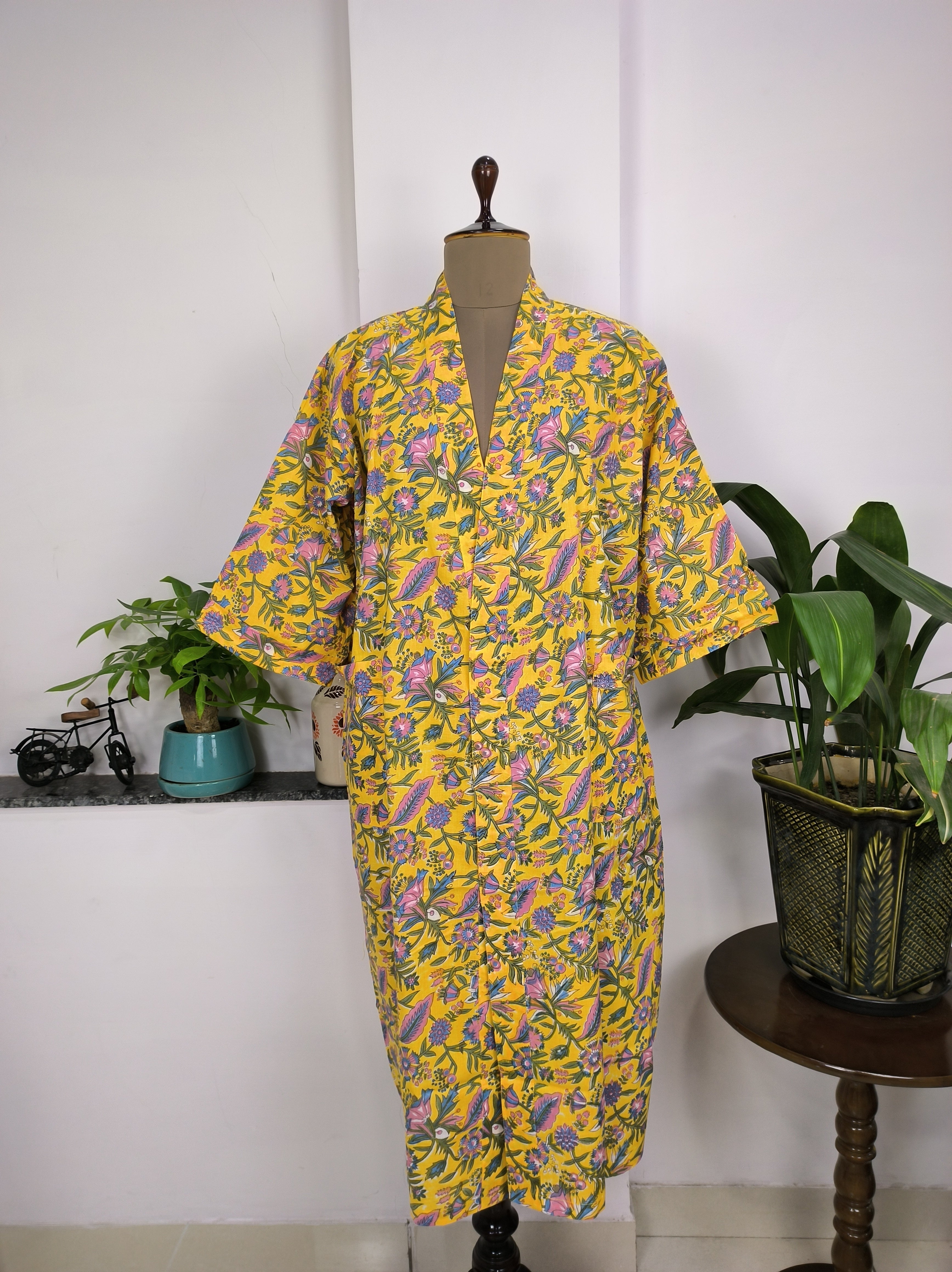 Pure Cotton Kimono Indian Handprinted Boho House Robe Summer Dress, Mango Yellow Floral Beach Coverup Maternity Mom Bridal