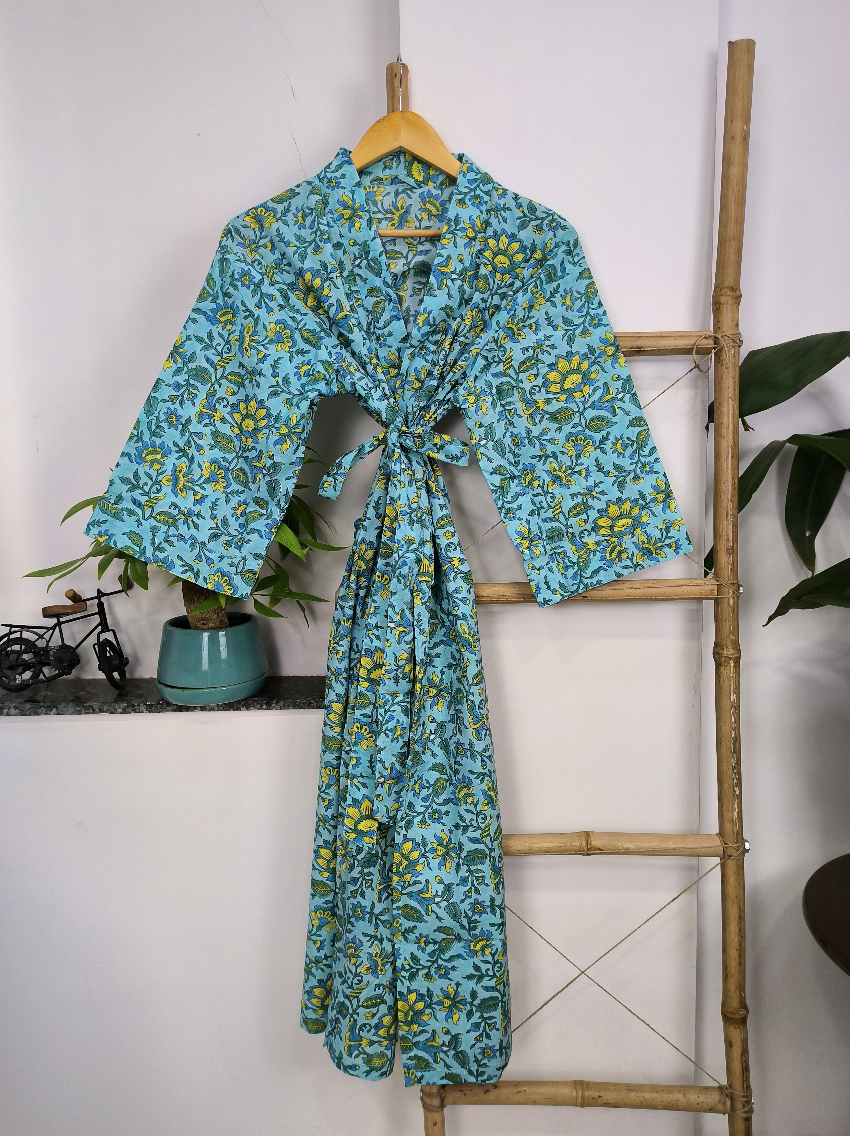 Pure Cotton Kimono Indian Handprinted Boho House Robe Summer Dress, Skyblue Mustard Leaf Beach Coverup Maternity Mom Bridal