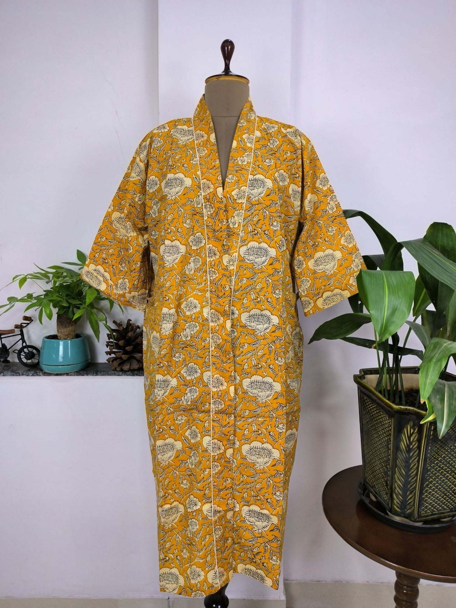 House Robe Summer Kimono Pure Cotton Indian Block Printed For Her | Anniversary Gift Beach Coverup/Comfy Maternity Mom | Mustard Floral