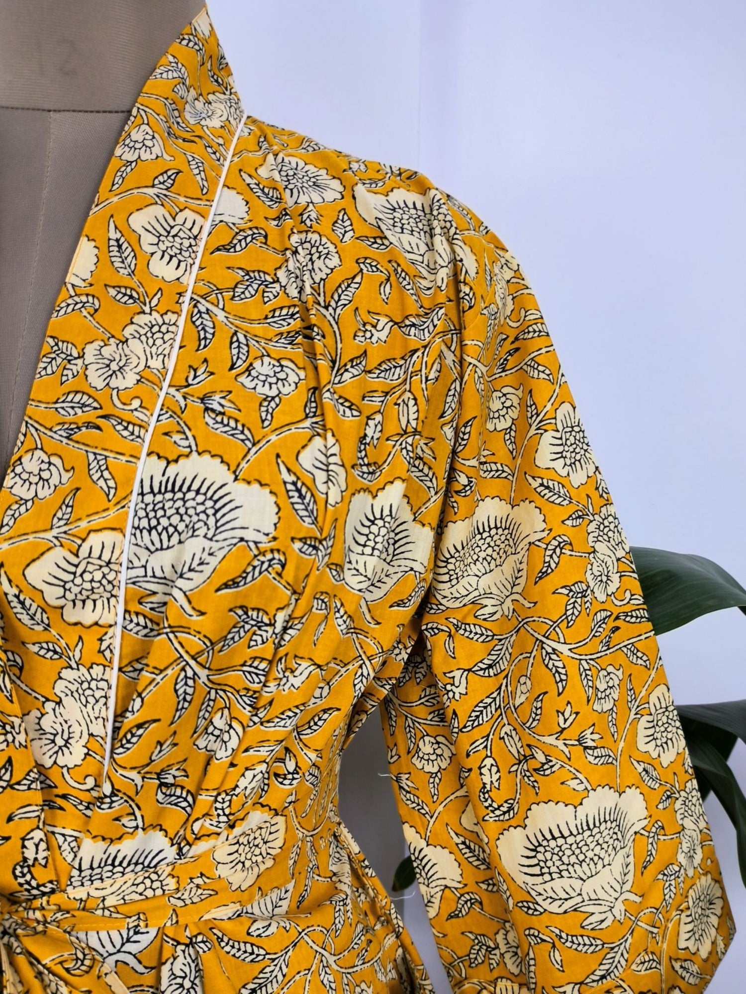 House Robe Summer Kimono Pure Cotton Indian Block Printed For Her | Anniversary Gift Beach Coverup/Comfy Maternity Mom | Mustard Floral