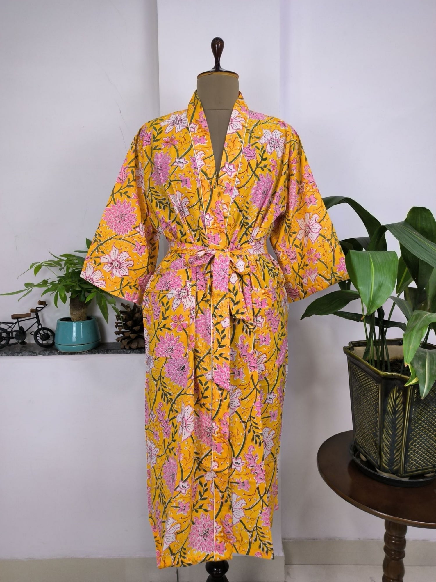 House Robe Summer Kimono Pure Cotton Indian Block Printed For Her | Anniversary Gift Beach Coverup/Comfy Maternity Mom | Pink White Florals