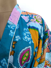 Pure Cotton Spring Summer Boho House Robe Kimono Indian Handblock Jaipur Indian Dress Turquoise Yellow Luxury Beach Holiday Wear Yacht Cover Up