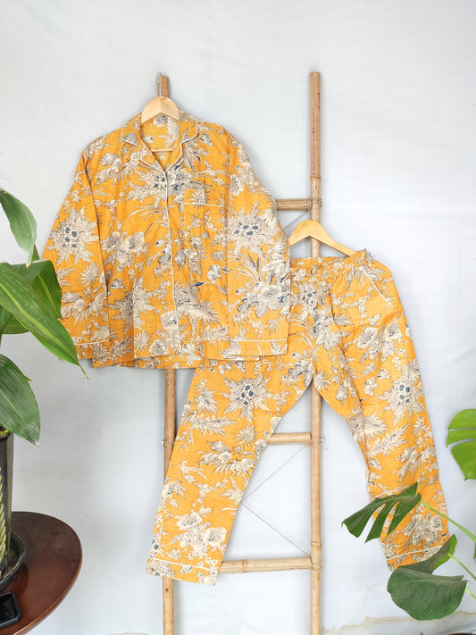 Handblockdruck Indisches Pyjama-Set aus weicher Baumwolle mit Pastellgelb und Blumenmuster