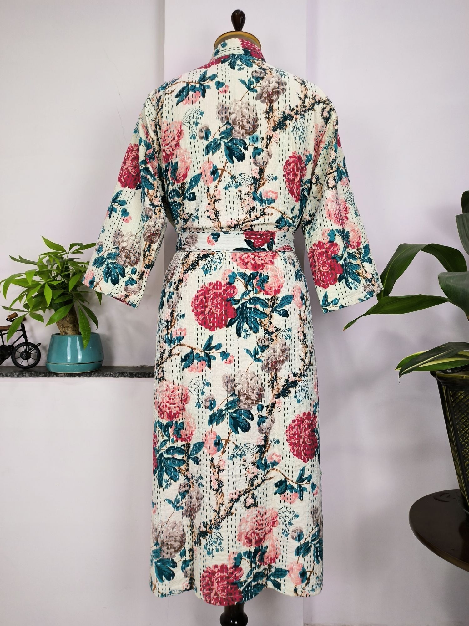 Kantha Pure Cotton Reversible Long Kimono Women Jacket Pastel White Pink Floral