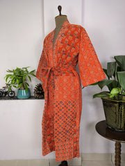 Kantha Pure Cotton Reversible Long Kimono Women Unique Ajrakh Orange Burst