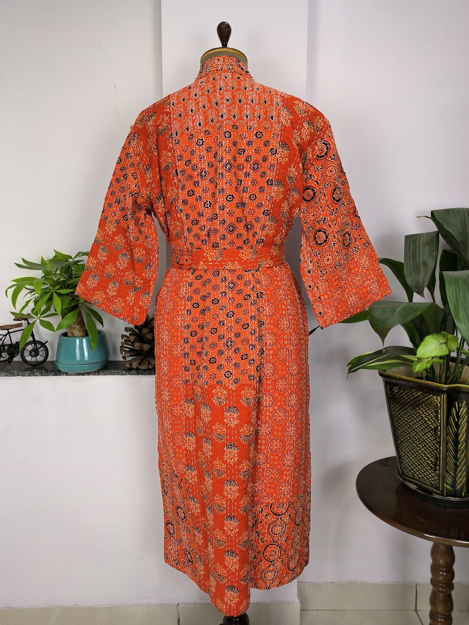 Kantha Pure Cotton Reversible Long Kimono Women Unique Ajrakh Orange Burst