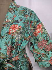 Kantha Pure Cotton Reversible Long Kimono Women Jacket Bird Print