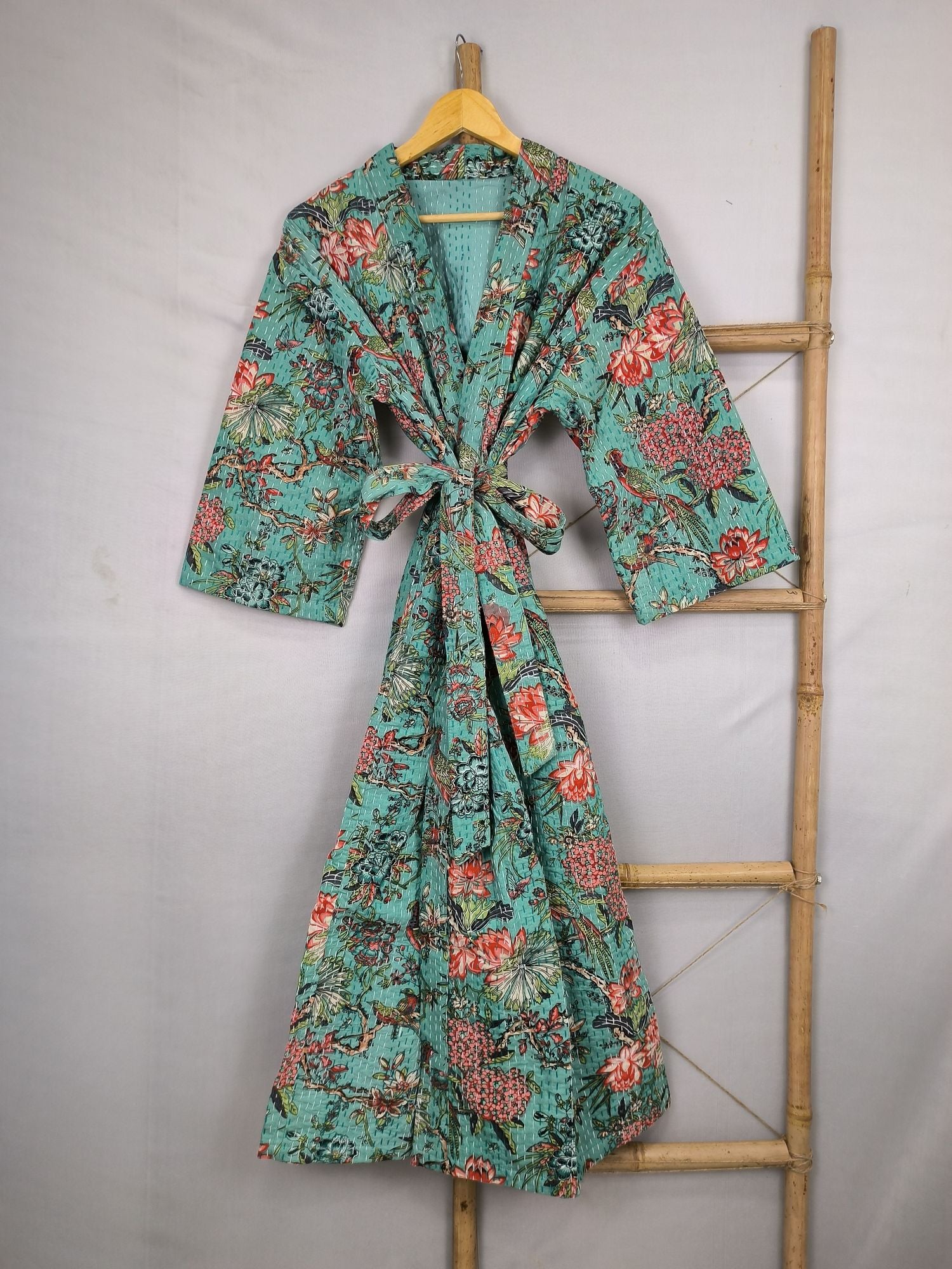 Kantha Pure Cotton Reversible Long Kimono Women Jacket Bird Print
