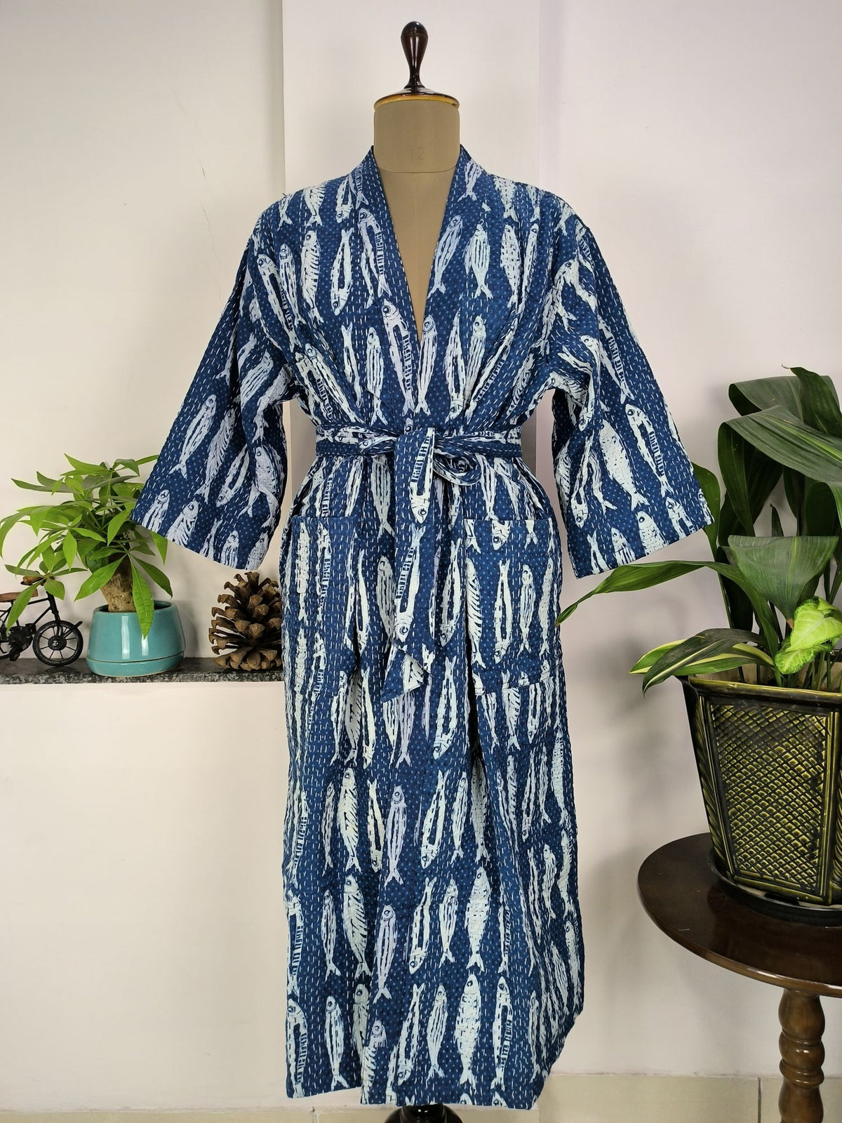 Kantha Pure Cotton Reversible Long Kimono Women Fish Beach Holiday Wear Indigo Summer Collection