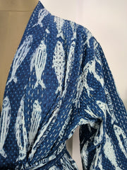 Kantha Pure Cotton Reversible Long Kimono Women Fish Beach Holiday Wear Indigo Summer Collection