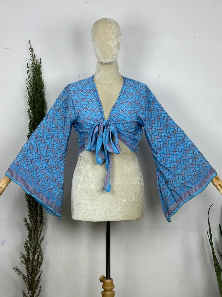 Bohemian Hippie Long Bell Sleeve Wrap Top with Front Tie, Colorful Paisley and Flower Pattern, Festival Boho Fairy Goddess, Summer Going Out | Aqua Blue - The Eastern Loom