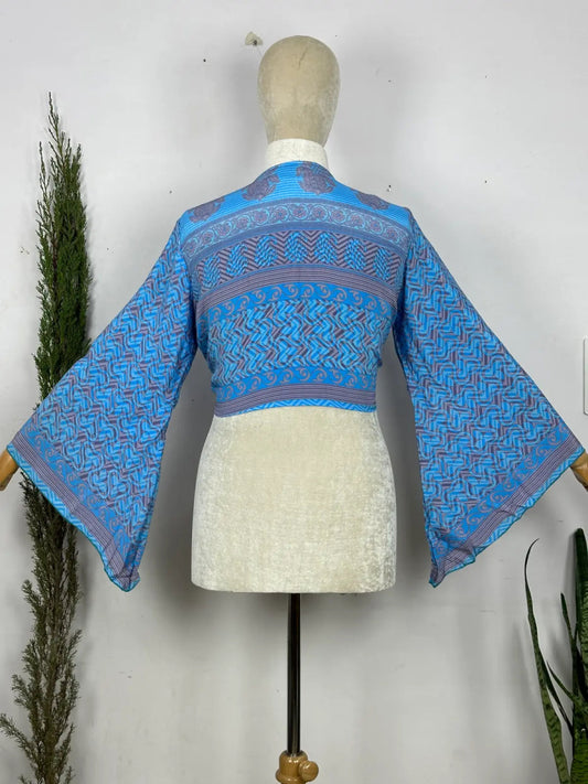 Bohemian Hippie Long Bell Sleeve Wrap Top with Front Tie, Colorful Paisley and Flower Pattern, Festival Boho Fairy Goddess, Summer Going Out | Aqua Blue - The Eastern Loom