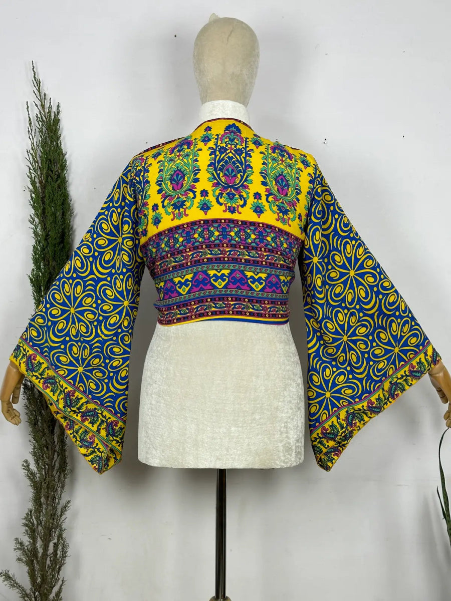 Bohemian Hippie Long Bell Sleeve Wrap Top with Front Tie, Colorful Paisley and Flower Pattern, Festival Boho Fairy Goddess, Summer Going Out | Blue Yellow - The Eastern Loom