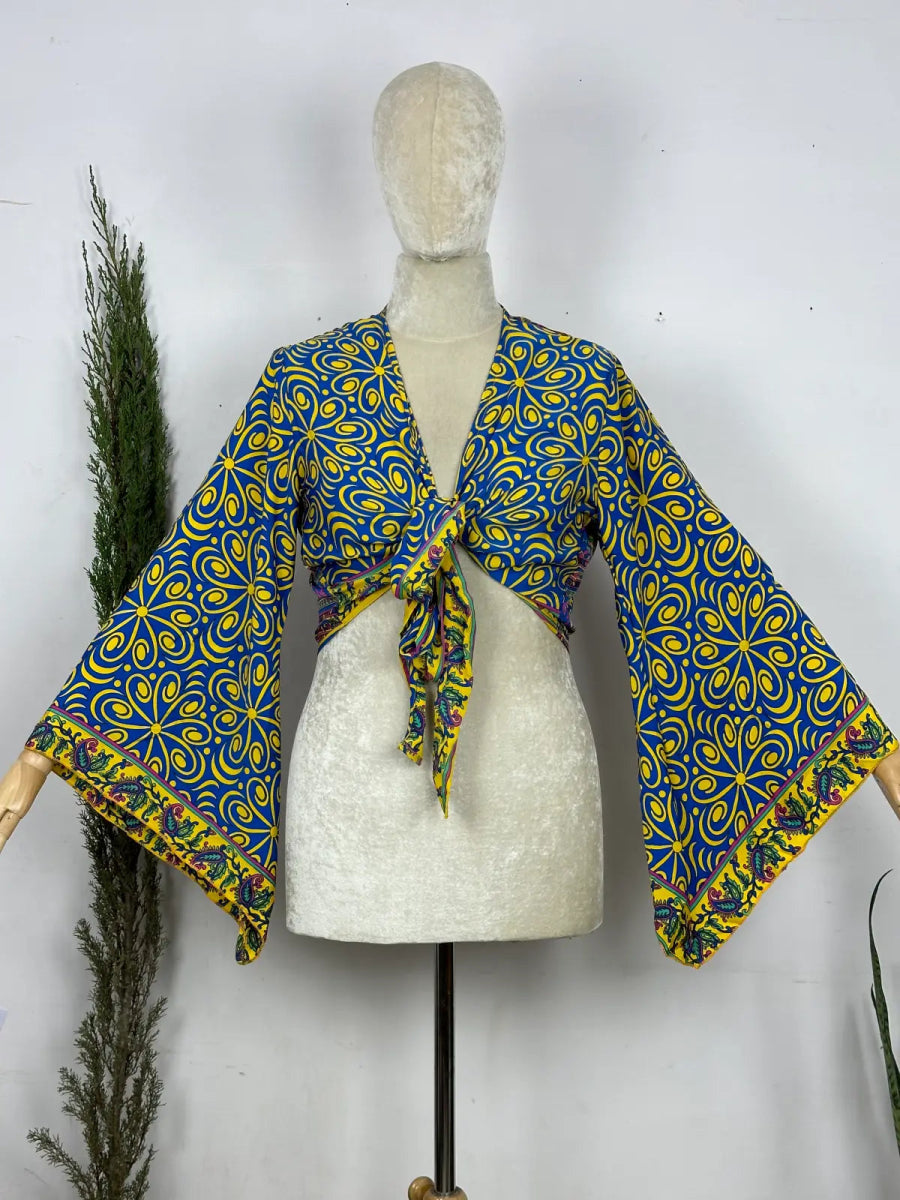 Bohemian Hippie Long Bell Sleeve Wrap Top with Front Tie, Colorful Paisley and Flower Pattern, Festival Boho Fairy Goddess, Summer Going Out | Blue Yellow - The Eastern Loom