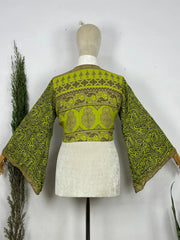Bohemian Hippie Long Bell Sleeve Wrap Top with Front Tie, Colorful Paisley and Flower Pattern, Festival Boho Fairy Goddess, Summer Going Out | Green Persian Pattern - The Eastern Loom