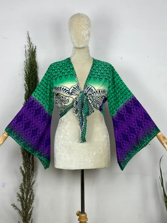 Bohemian Hippie Long Bell Sleeve Wrap Top with Front Tie, Colorful Paisley and Flower Pattern, Festival Boho Fairy Goddess, Summer Going Out | Green Purple Motifs - The Eastern Loom