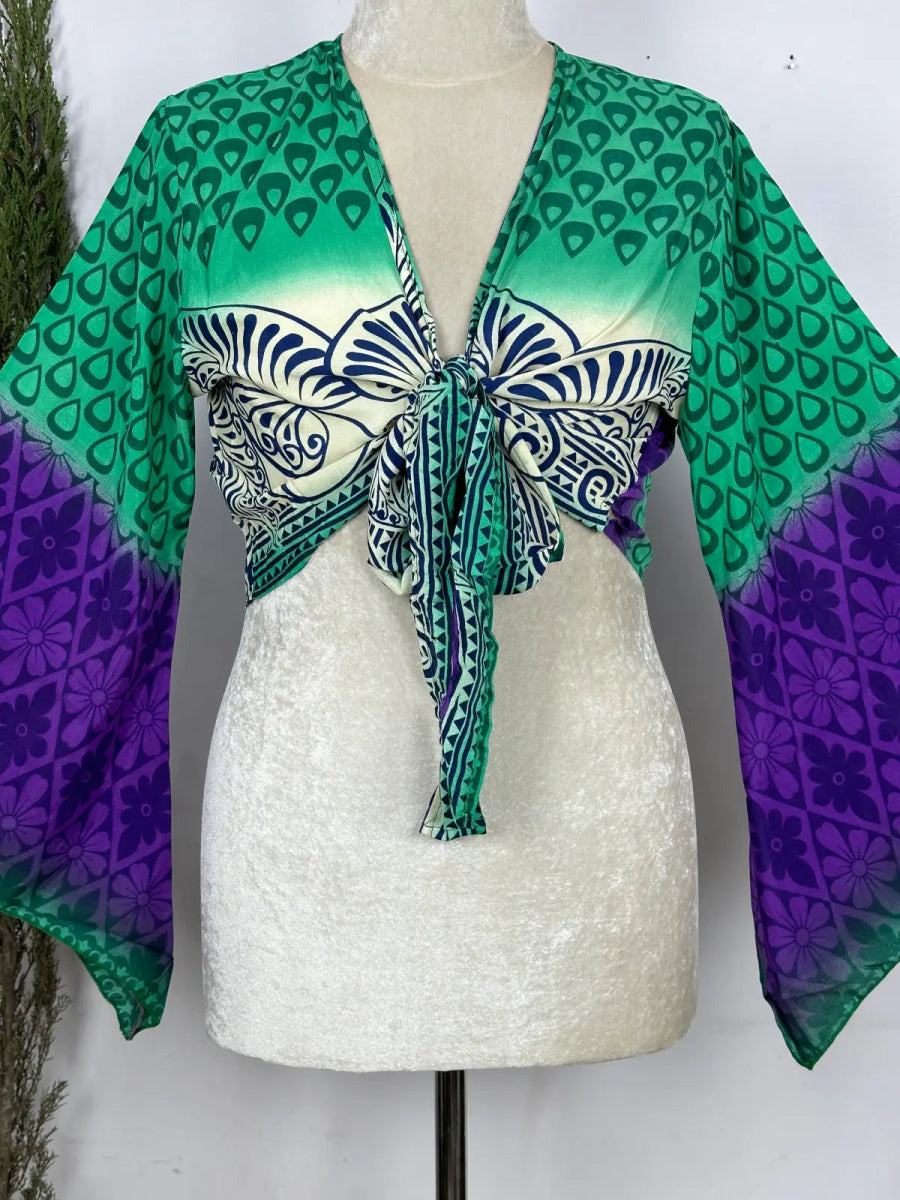 Bohemian Hippie Long Bell Sleeve Wrap Top with Front Tie, Colorful Paisley and Flower Pattern, Festival Boho Fairy Goddess, Summer Going Out | Green Purple Motifs - The Eastern Loom