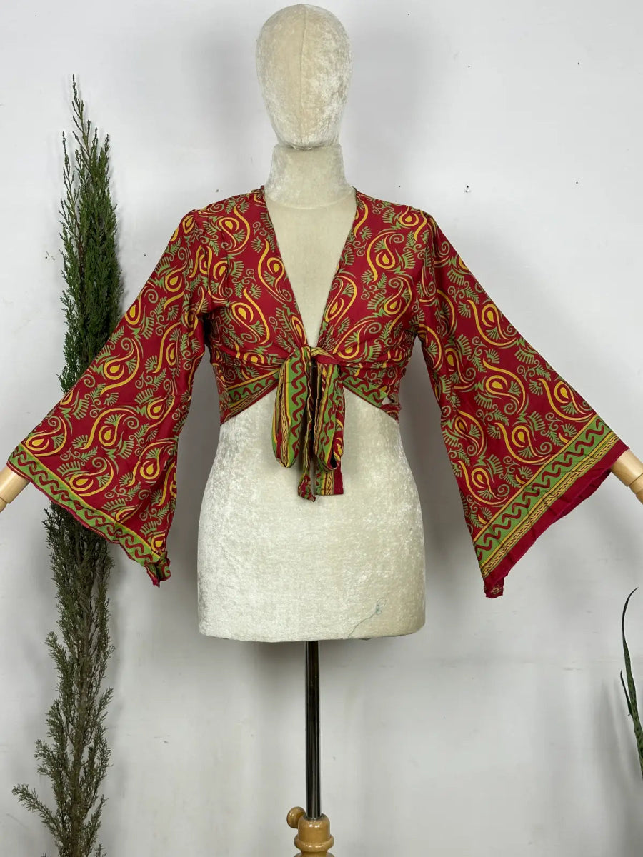 Bohemian Hippie Long Bell Sleeve Wrap Top with Front Tie, Colorful Paisley and Flower Pattern, Festival Boho Fairy Goddess, Summer Going Out | Red Green Paisley - The Eastern Loom