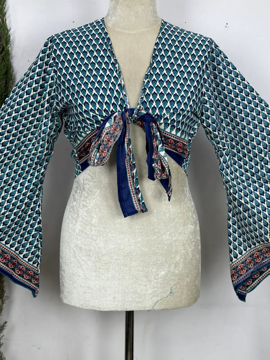Bohemian Hippie Long Bell Sleeve Wrap Top with Front Tie, Colorful Paisley and Flower Pattern, Festival Boho Fairy Goddess, Summer Going Out | White Blue Motifs - The Eastern Loom