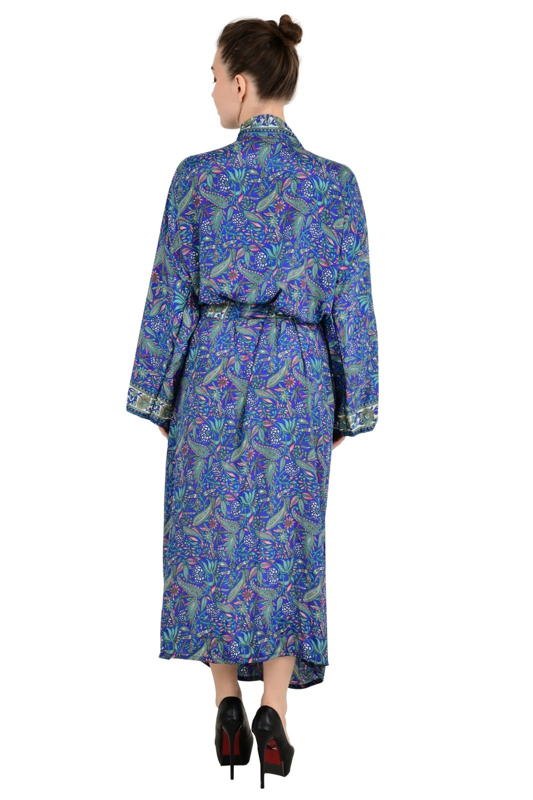 Bohemian New Silk Sari Kimono Women Regal House Beach Robe | Blue Paisley Floral Luxury Anniversary Birthday Gift For Her - The Eastern Loom