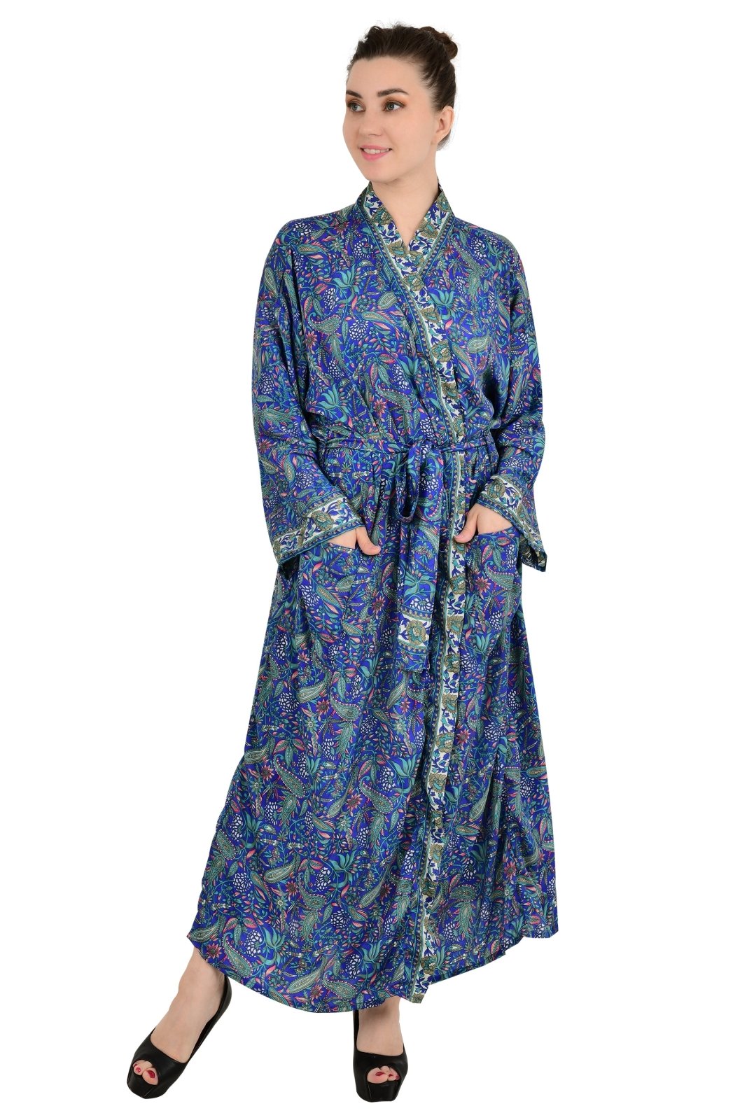 Bohemian New Silk Sari Kimono Women Regal House Beach Robe | Blue Paisley Floral Luxury Anniversary Birthday Gift For Her - The Eastern Loom