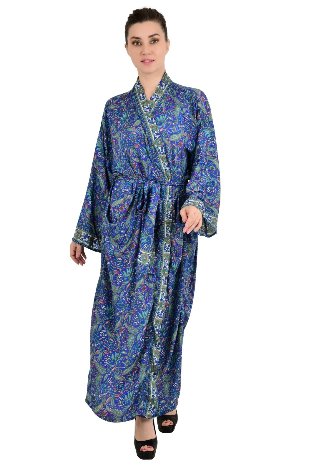 Bohemian New Silk Sari Kimono Women Regal House Beach Robe | Blue Paisley Floral Luxury Anniversary Birthday Gift For Her - The Eastern Loom