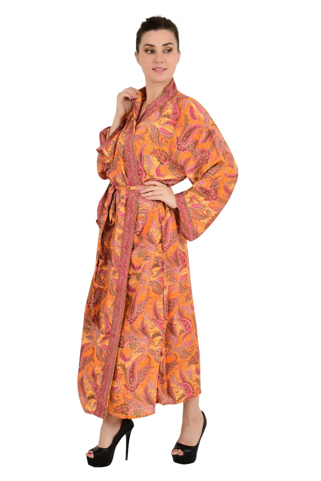 Bohemian New Silk Sari Kimono Women Regal House Beach Robe | Orange Paisley Floral Garden Luxury Anniversary Birthday Gift For Her - The Eastern Loom