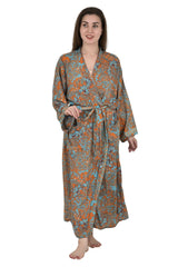 Bohemian New Silk Sari Kimono Women Regal House Beach Robe | Orange Pink Blue Floral Luxury Anniversary Birthday Gift For Her - The Eastern Loom