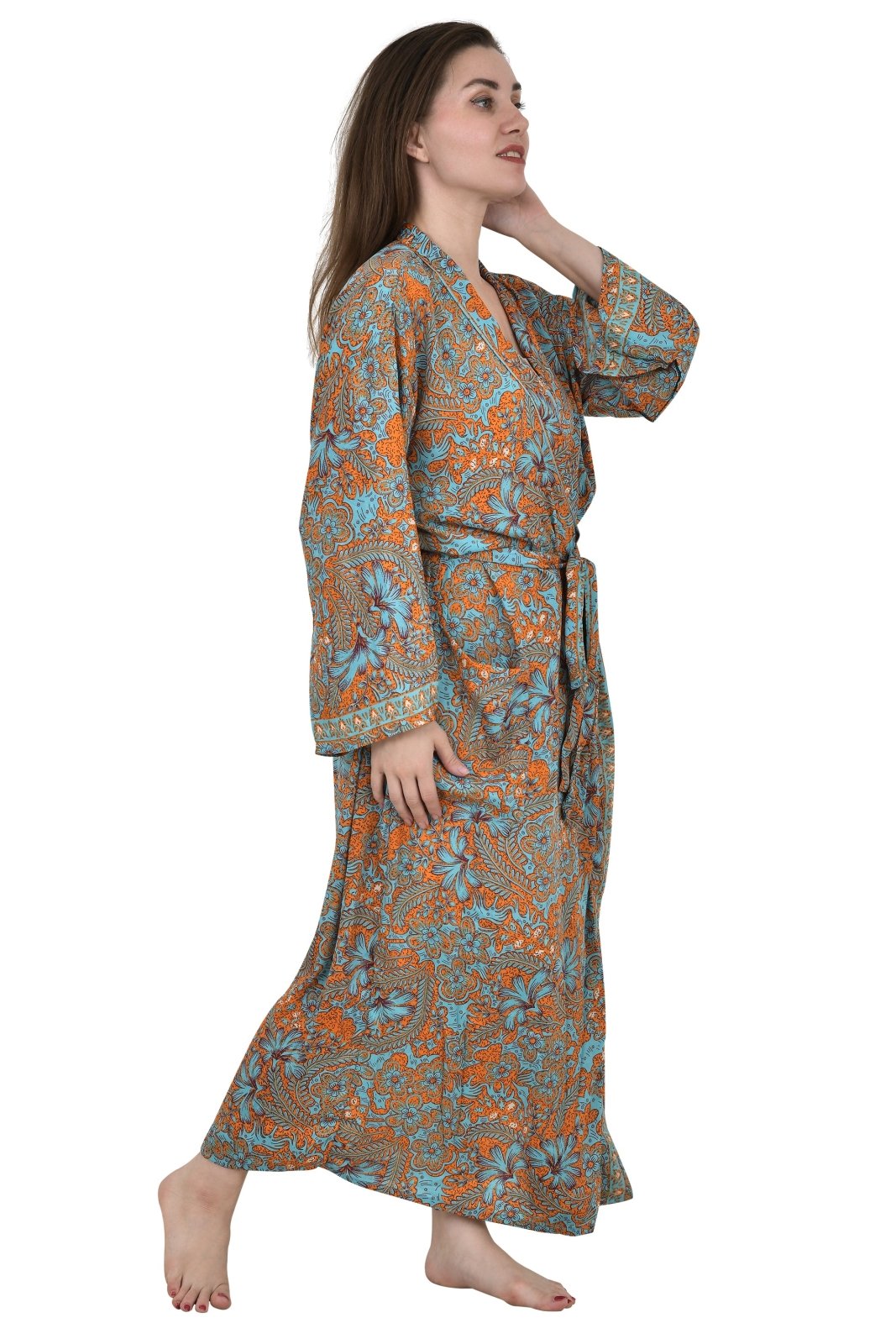 Bohemian New Silk Sari Kimono Women Regal House Beach Robe | Orange Pink Blue Floral Luxury Anniversary Birthday Gift For Her - The Eastern Loom
