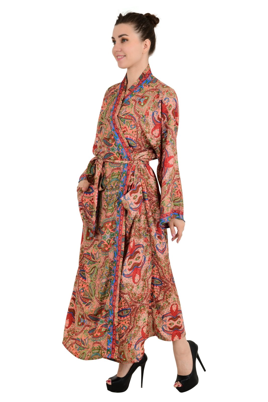 Bohemian New Silk Sari Kimono Women Regal House Beach Robe | Pink Blue Paisley Floral Luxury Anniversary Birthday Gift For Her - The Eastern Loom