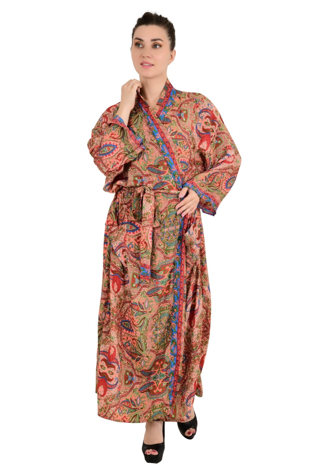 Bohemian New Silk Sari Kimono Women Regal House Beach Robe | Pink Blue Paisley Floral Luxury Anniversary Birthday Gift For Her - The Eastern Loom