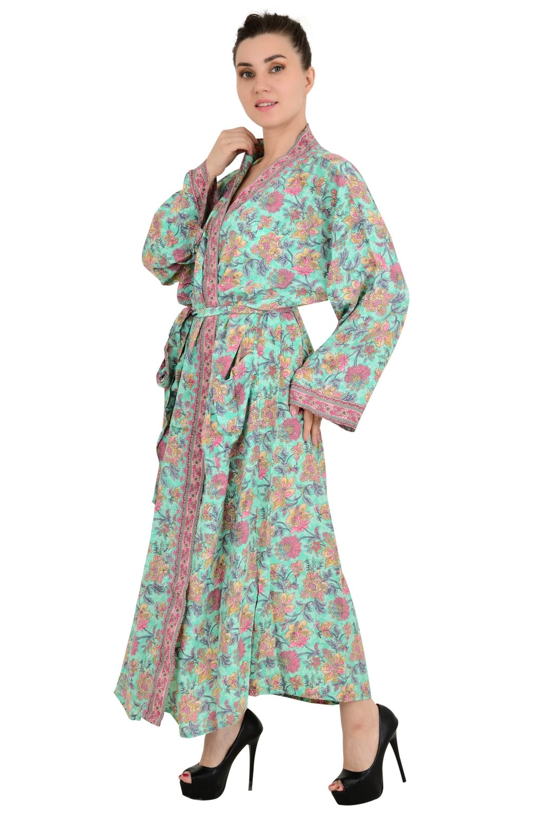 Bohemian New Silk Sari Kimono Women Regal House Beach Robe | Sea Green Paisley Floral Garden Luxury Anniversary Birthday Gift For Her - The Eastern Loom