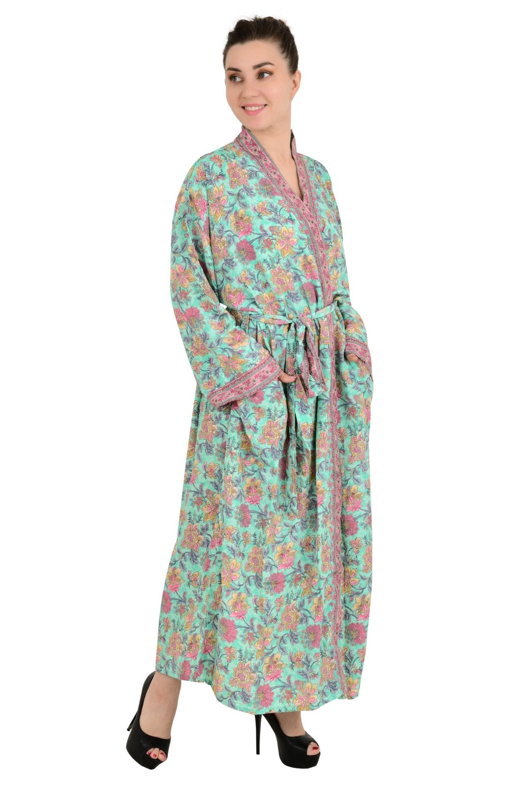 Bohemian New Silk Sari Kimono Women Regal House Beach Robe | Sea Green Paisley Floral Garden Luxury Anniversary Birthday Gift For Her - The Eastern Loom