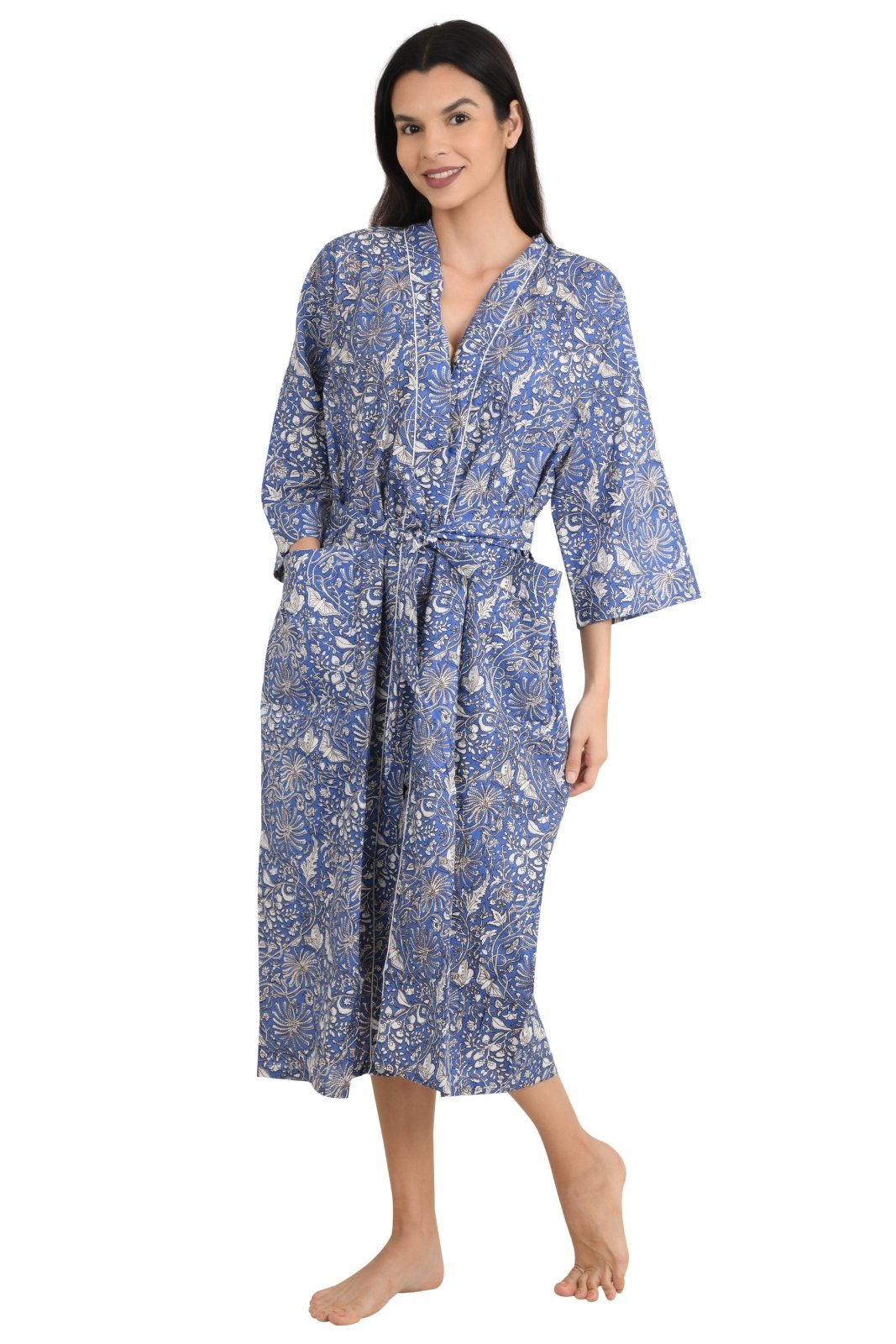 Boho Cotton Kimono House Robe Indian Handprinted Batterfly Floral Print Pattern | Lightweight Summer Luxury Beach Holidays Yacht Cover Up Stunning Dress - The Eastern Loom