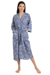 Boho Cotton Kimono House Robe Indian Handprinted Batterfly Floral Print Pattern | Lightweight Summer Luxury Beach Holidays Yacht Cover Up Stunning Dress - The Eastern Loom