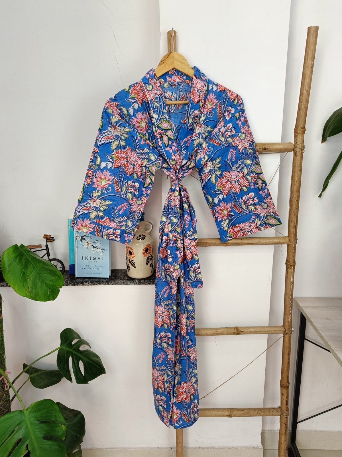 Boho Cotton Kimono House Robe Indian Handprinted Botanical Patter | Lightweight Summer Luxury Beach Holidays Yacht Cover Up Stunning Dress - The Eastern Loom