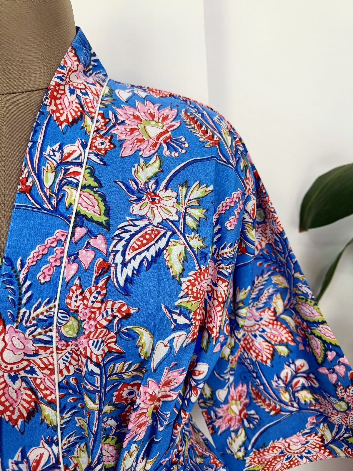 Boho Cotton Kimono House Robe Indian Handprinted Botanical Patter | Lightweight Summer Luxury Beach Holidays Yacht Cover Up Stunning Dress - The Eastern Loom